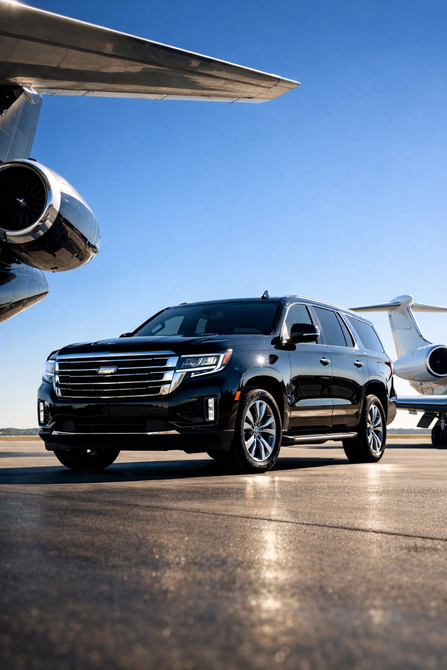 Black executive SUV and private jet on a tarmac for elite Super Bowl transportation.