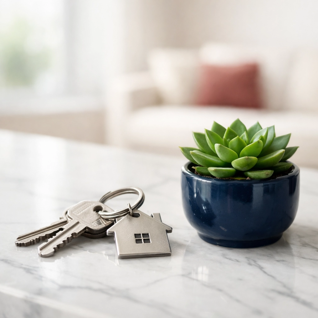 New house keys on a counter, symbolizing the goal of credit repair for Clear Lake home buyers.