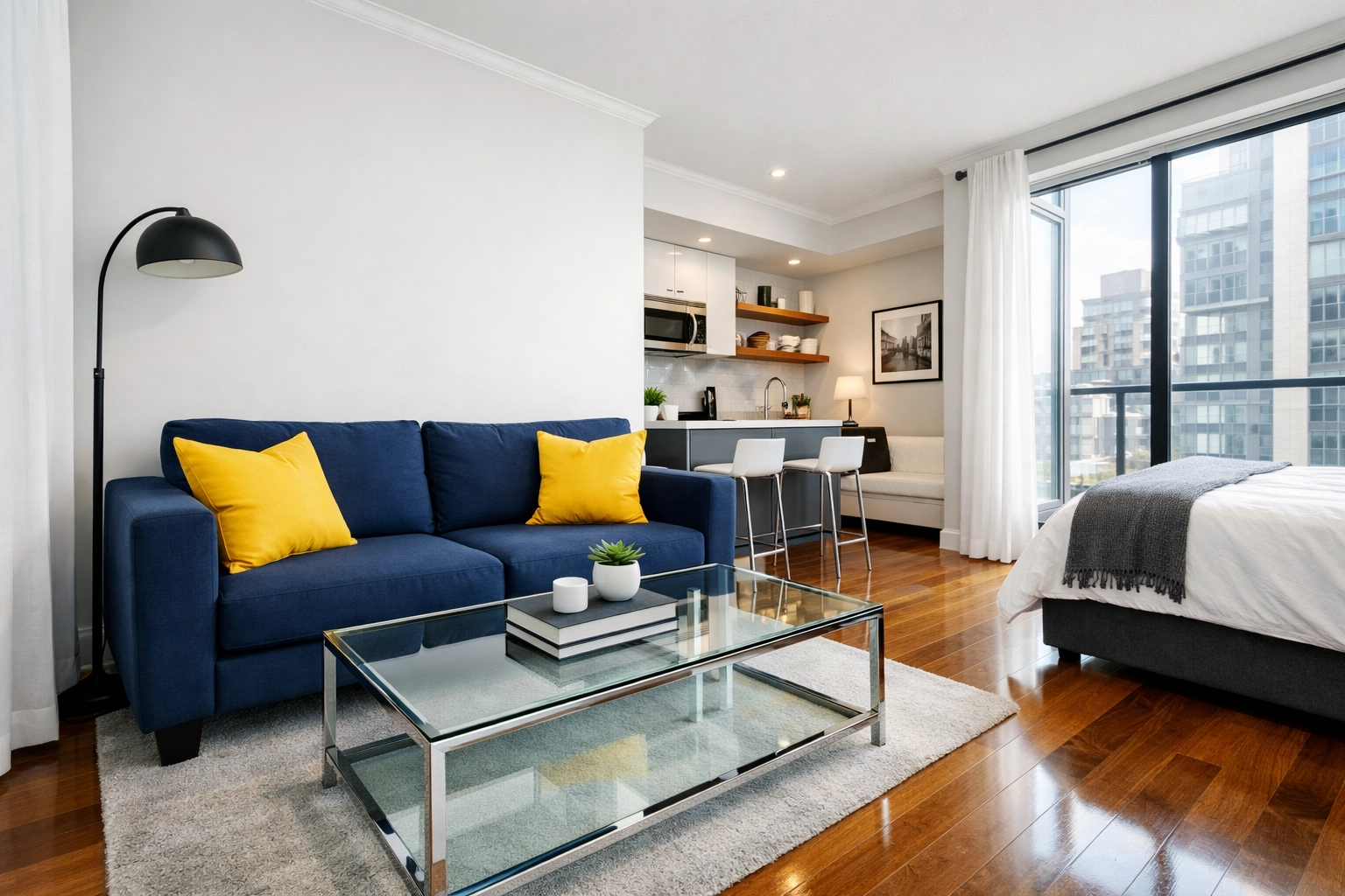 Sunlit modern studio featuring clean hardwood floors and a professional maid service finish.