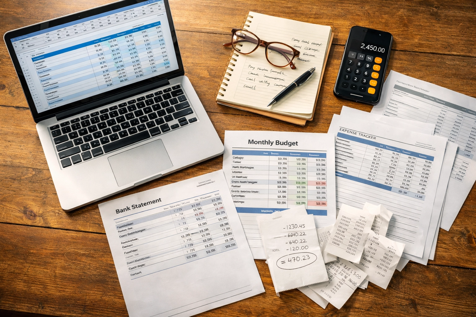 Homeowner organizing financial documents and budget to prevent foreclosure