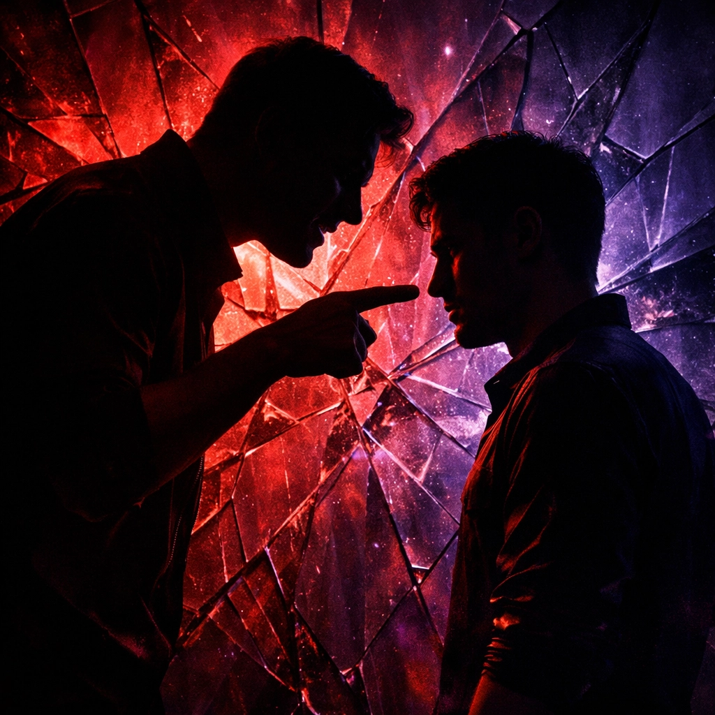 Two men in tense confrontation depicting power imbalance in gay thriller relationship