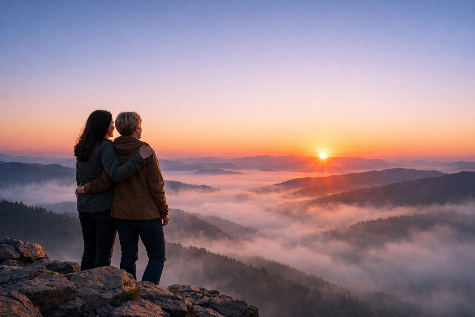 Lesbian couple looking toward the horizon at dawn, symbolizing hope for a bright queer future.