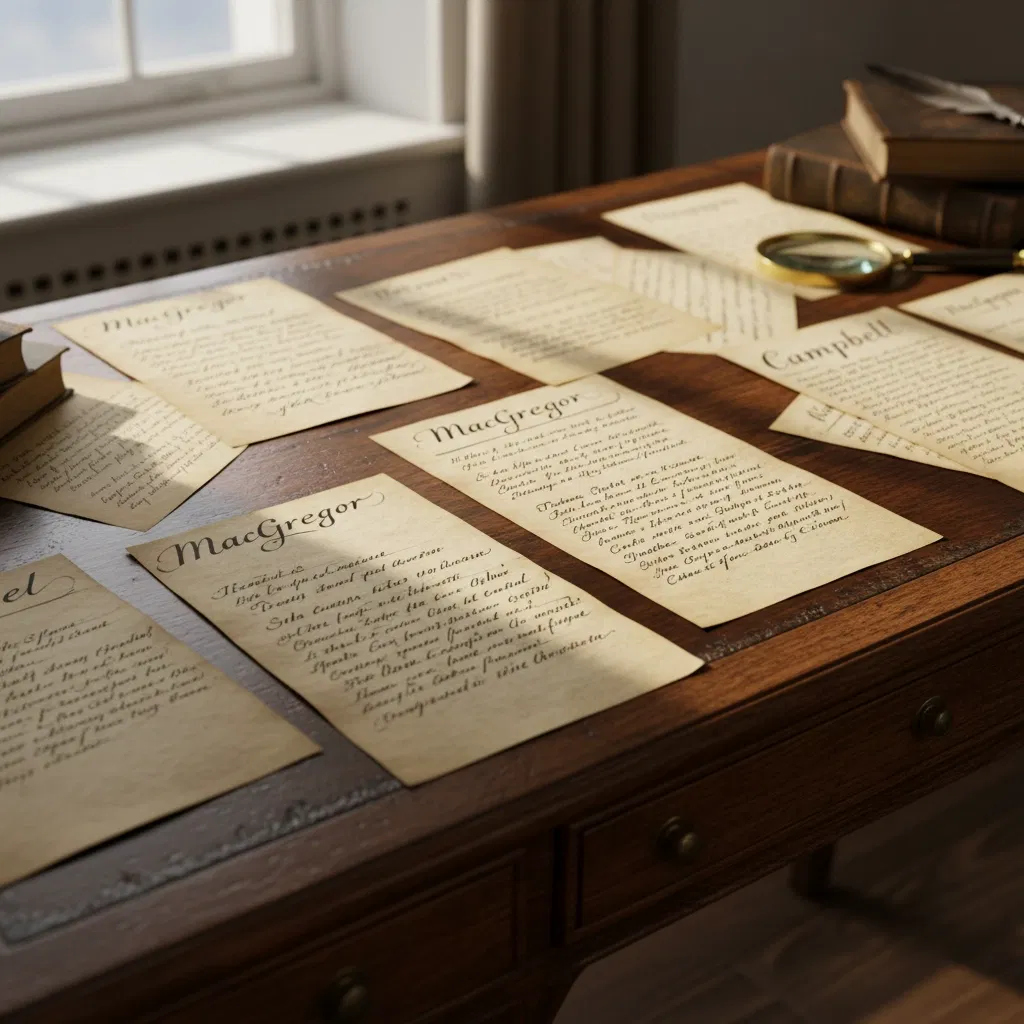 Archival handwritten family records, including MacGregor and Campbell surnames, are spread out on a wooden research desk alongside genealogy reference books and a magnifying glass