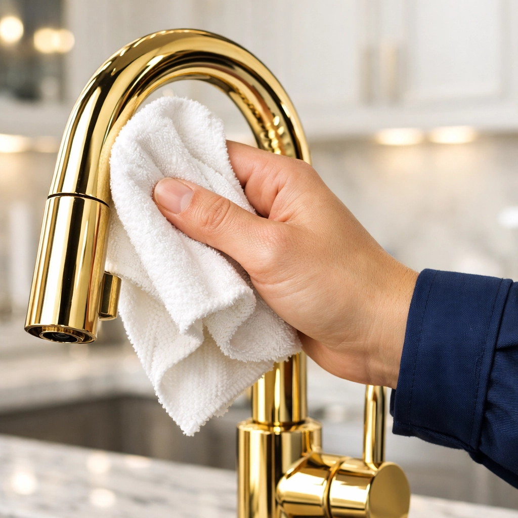 Professional cleaner meticulously polishing a gold kitchen faucet, showing expert house cleaning in Winter Park.