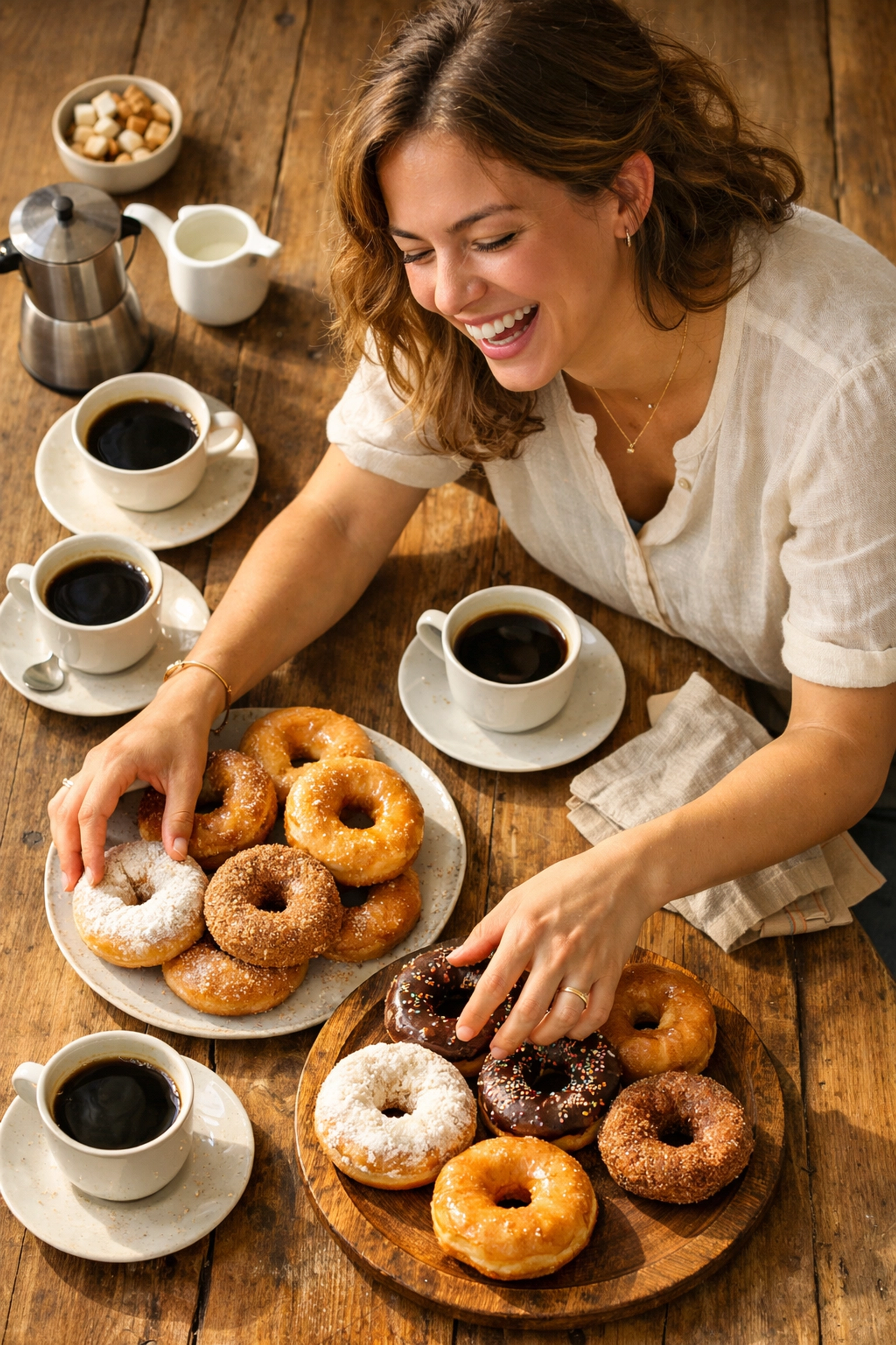 Woman serving donuts and coffee demonstrating church hospitality and community generosity Woman serving donuts and coffee demonstrating church hospitality and community generosity