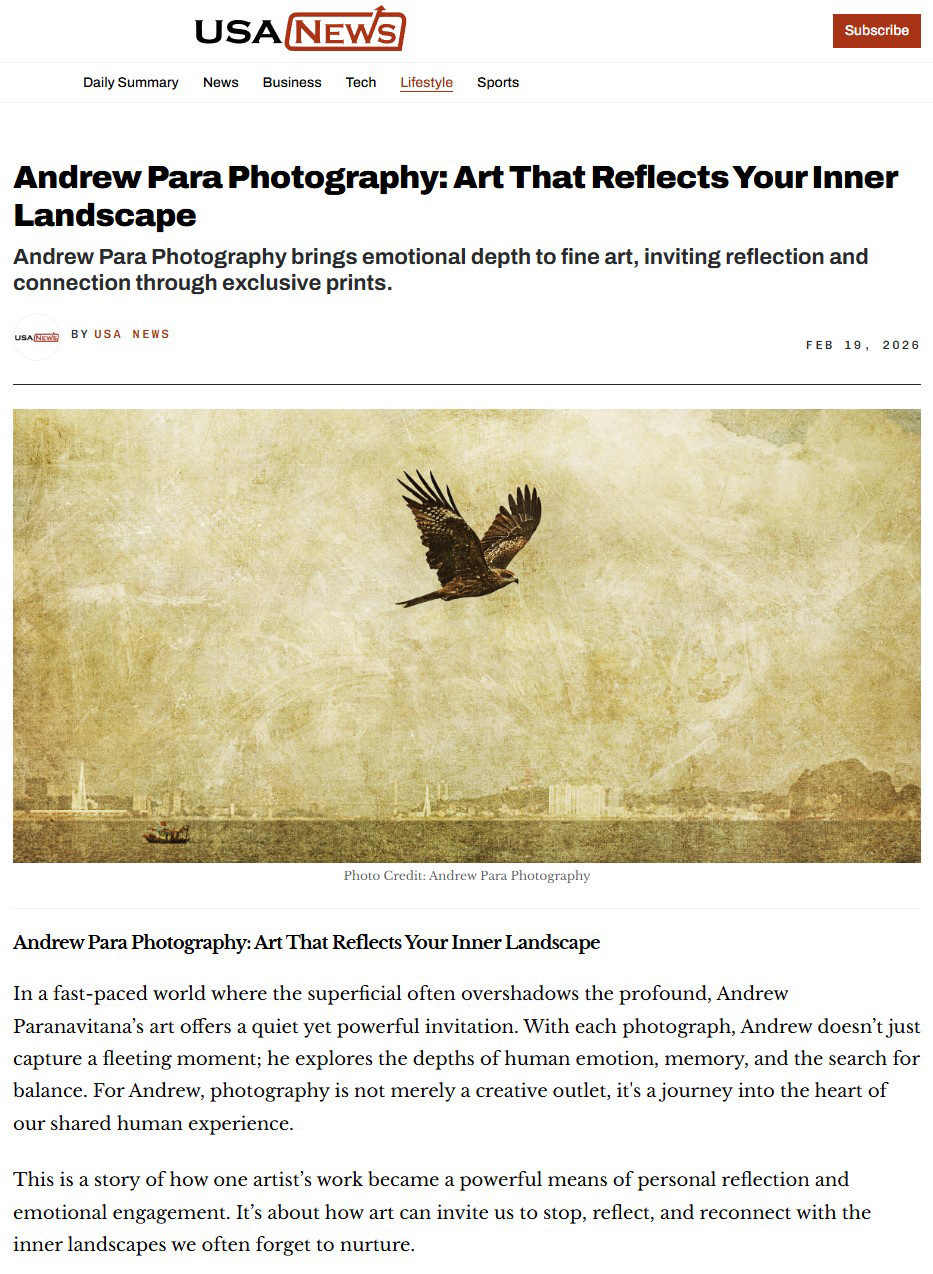 USA News feature banner for Andrew Para Photographic Art, fine art photography prints that reflect inner landscape
