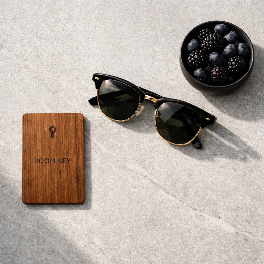 Sustainable wooden hotel key card and luxury amenities, representing a premium guest experience and modern loyalty.