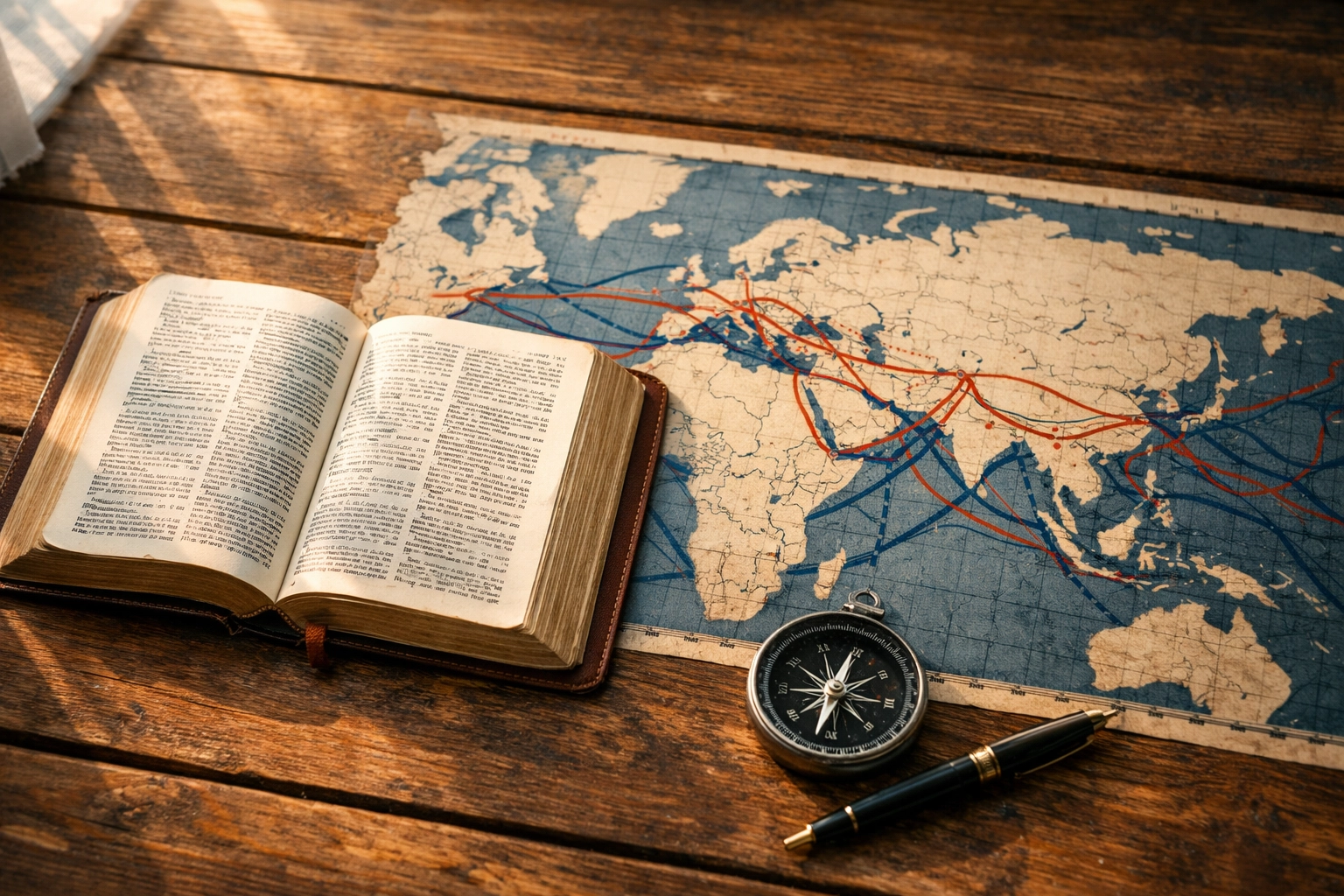 Open Bible beside world trade route map representing faith-based perspective on global commerce