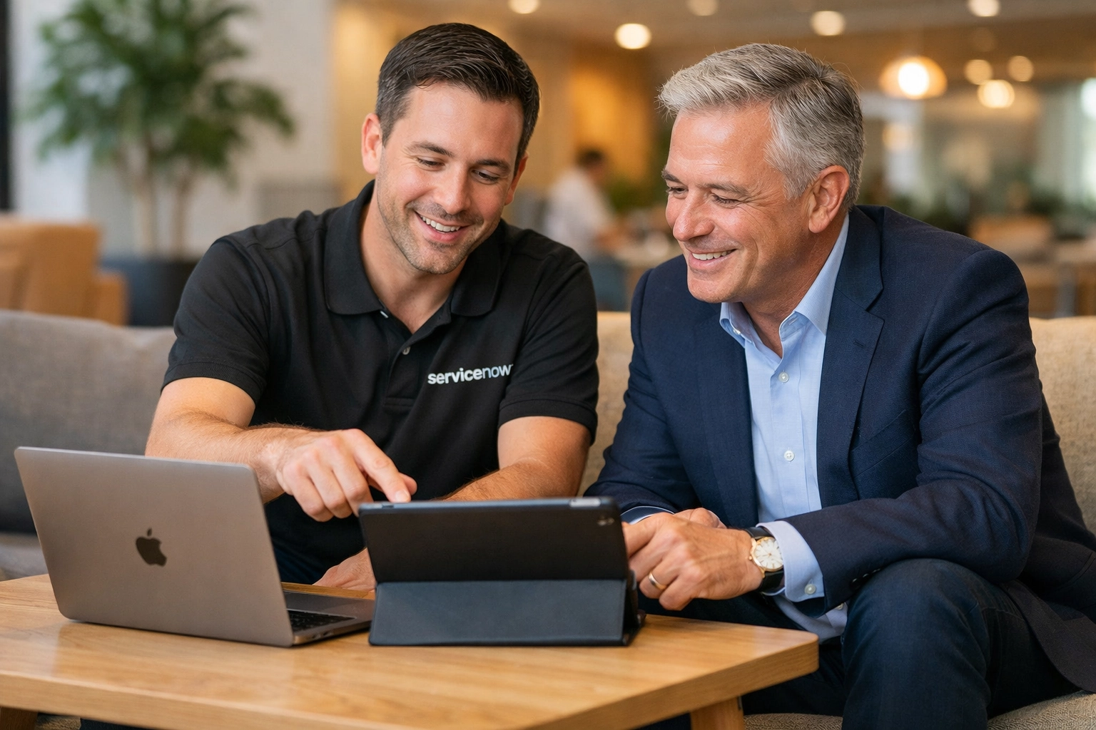 ServiceNow consulting expert sharing an implementation roadmap with a business executive in an office.