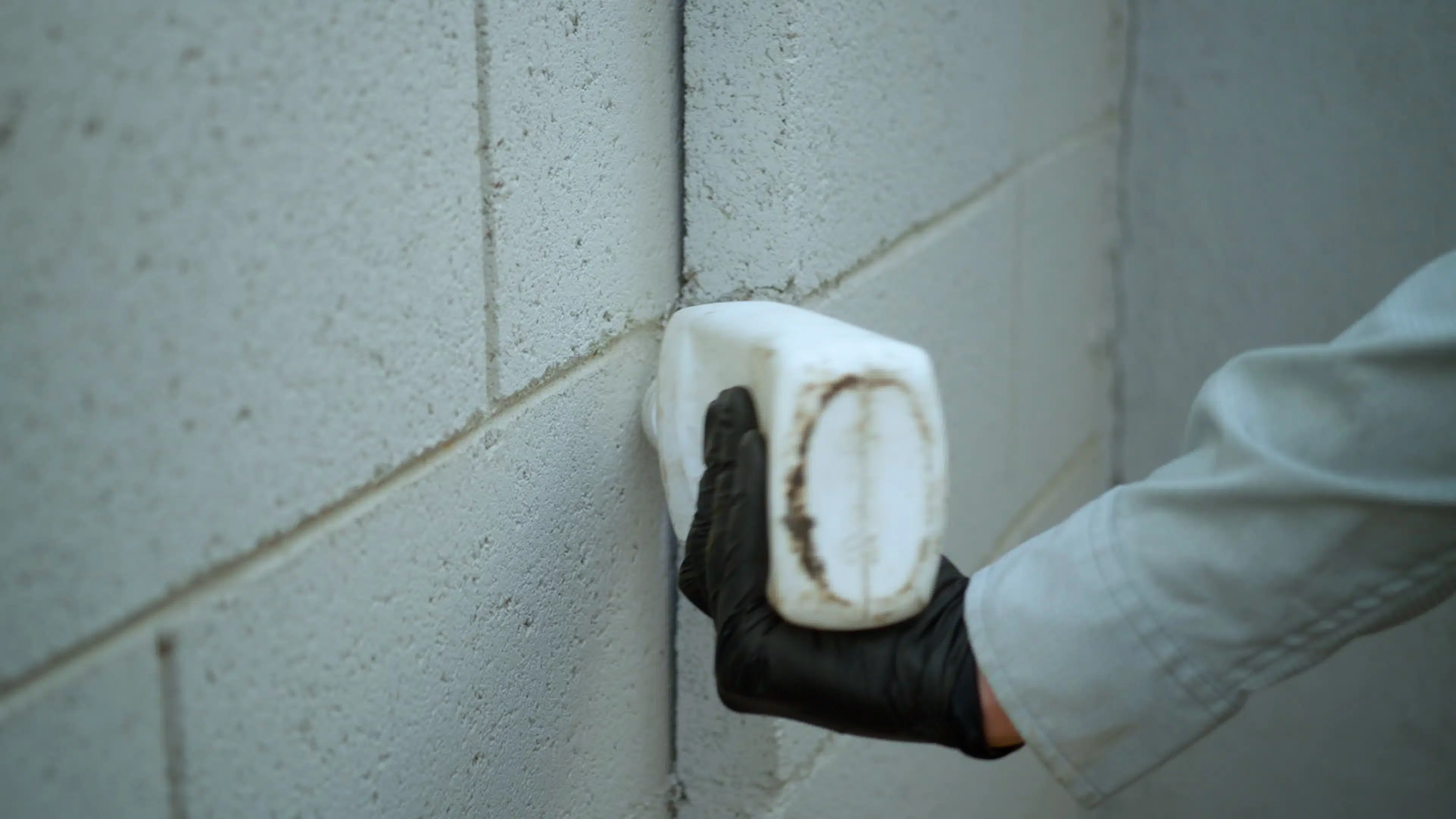 Technician applying targeted pest control dust treatment to a block wall joint