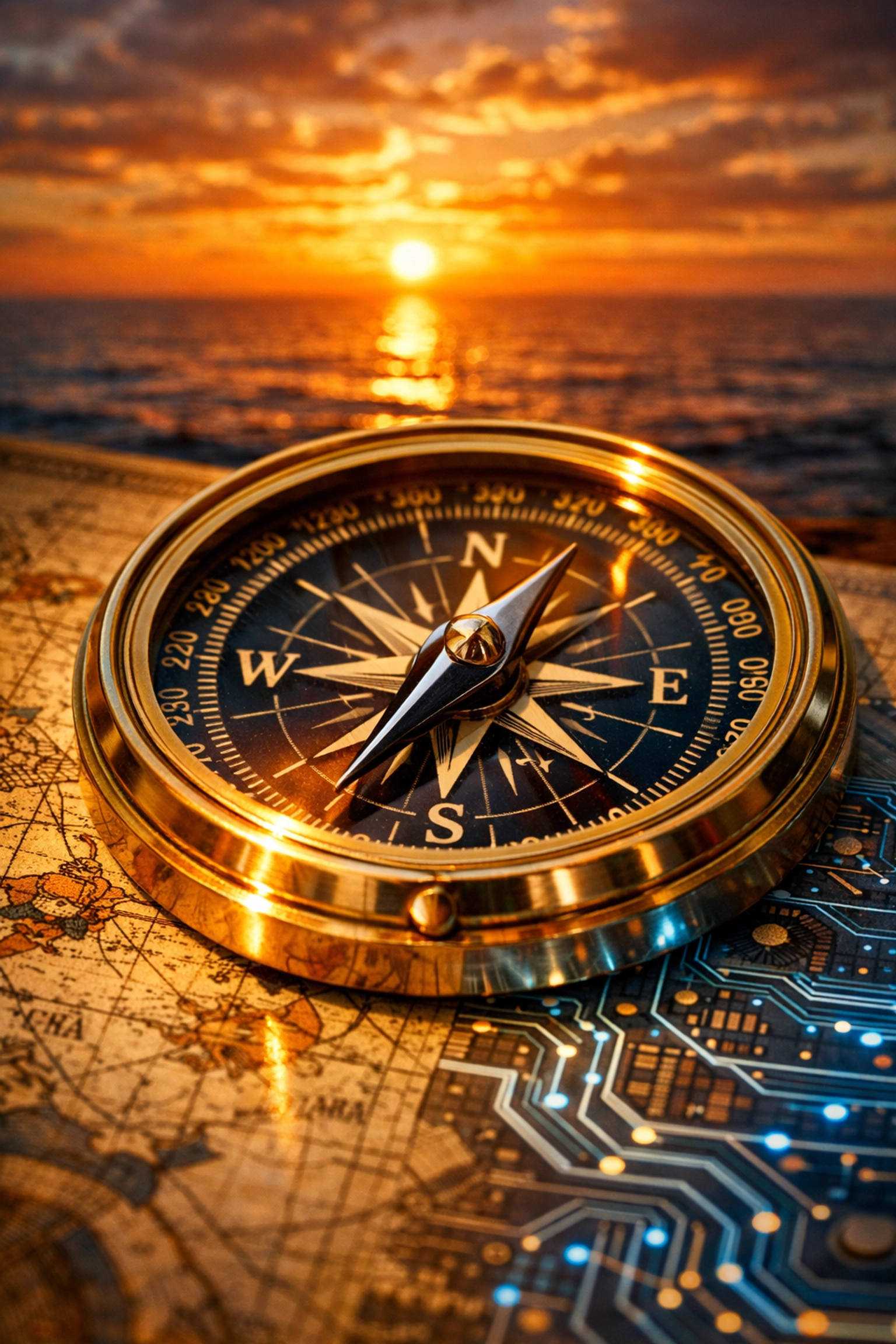 Brass nautical compass on a hybrid sea chart and city map at sunrise, symbolizing mastery over maritime law.
