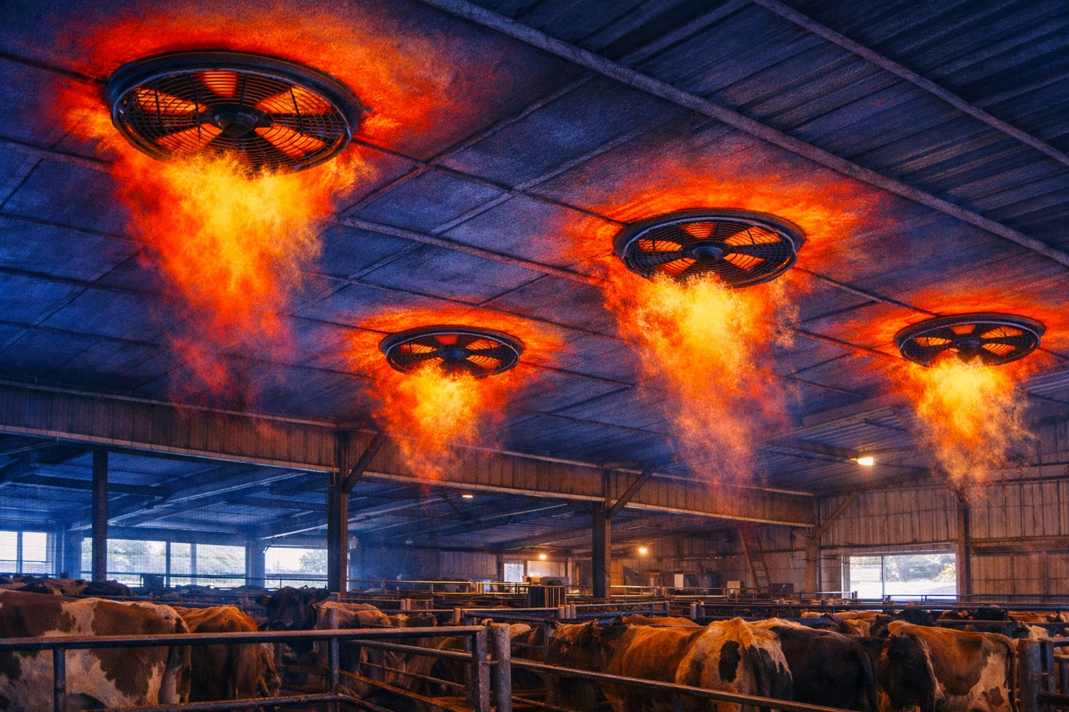Thermal imaging revealing heat loss through livestock barn ventilation fans