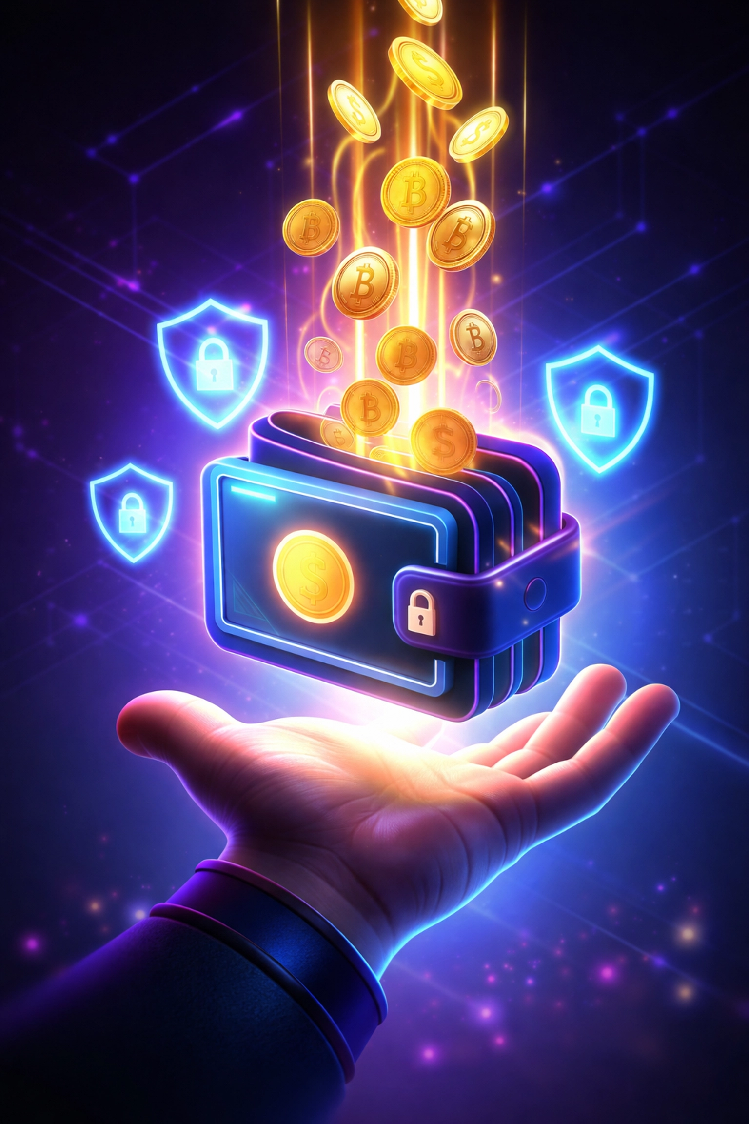 A digital smart wallet in a hand receiving cryptocurrency coins, symbolizing secure self-custody and control with Larecoin Web3 payments.