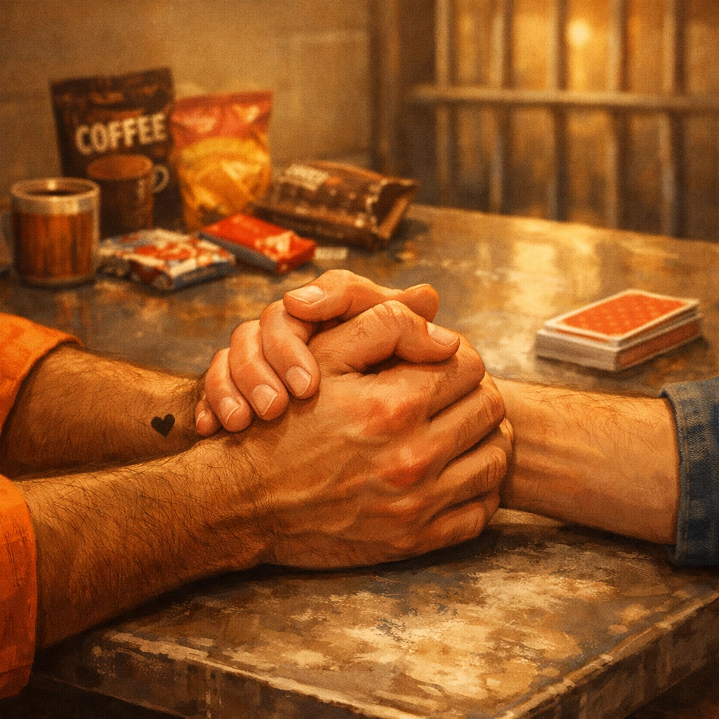 Two gay men holding hands in prison, finding romance and support behind bars