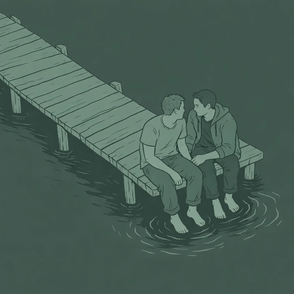 MM couple in conversation at pier's end - gay romance midnight confession scene