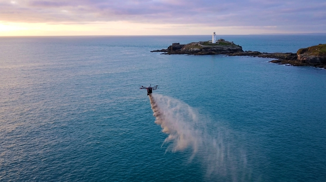 A serene aerial shot of Godrevy Lighthouse in Cornwall at sunset with a professional drone scattering ashes in the distance