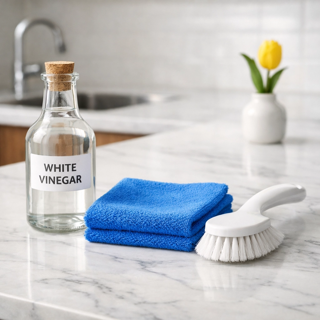 Natural cleaning supplies including vinegar and a brush for humidifier maintenance.