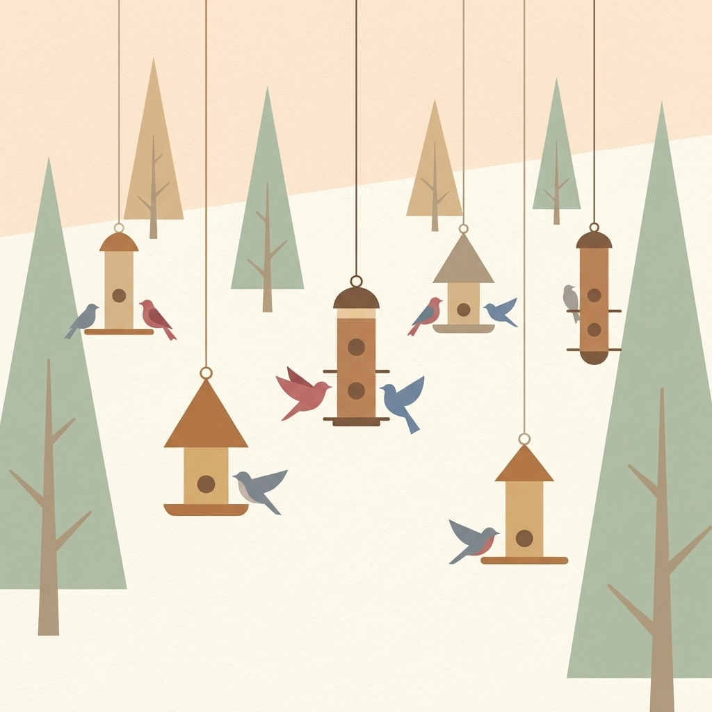 Multiple bird feeders at different heights in a garden with various birds approaching to feed