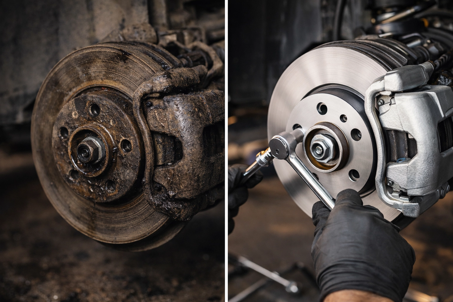Before-and-after close-up of an engine/brake component being repaired and cleaned—hands and tools in frame