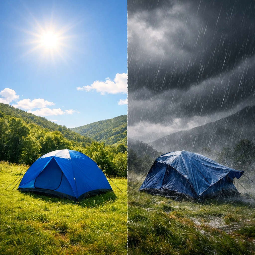 UK camping weather contrast showing sunny campsite transforming into dangerous storm conditions