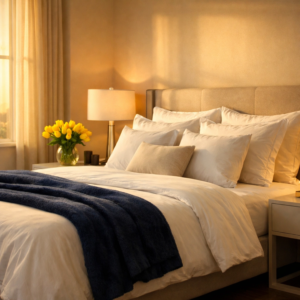 A serene master bedroom sanctuary after professional deep cleaning in Leominster MA, with perfectly made linens.