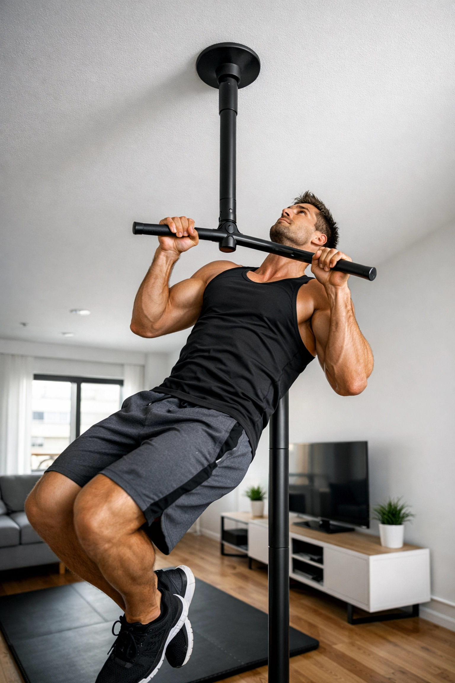 Athlete performing pull-ups on floor-to-ceiling tension system with no wall damage in home gym