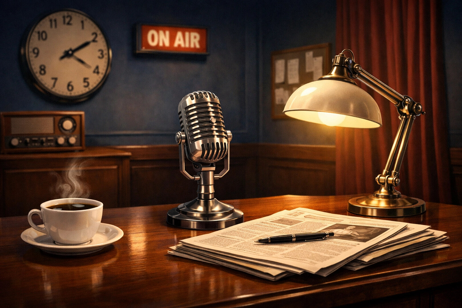 Vintage-style newsroom desk with coffee and newspapers representing trustworthy calm journalism