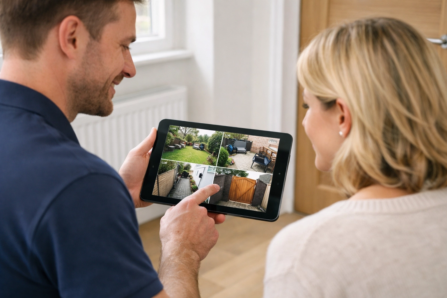 An i-Spy CCTV expert showing a Reading homeowner their high-definition security camera feed on a tablet.