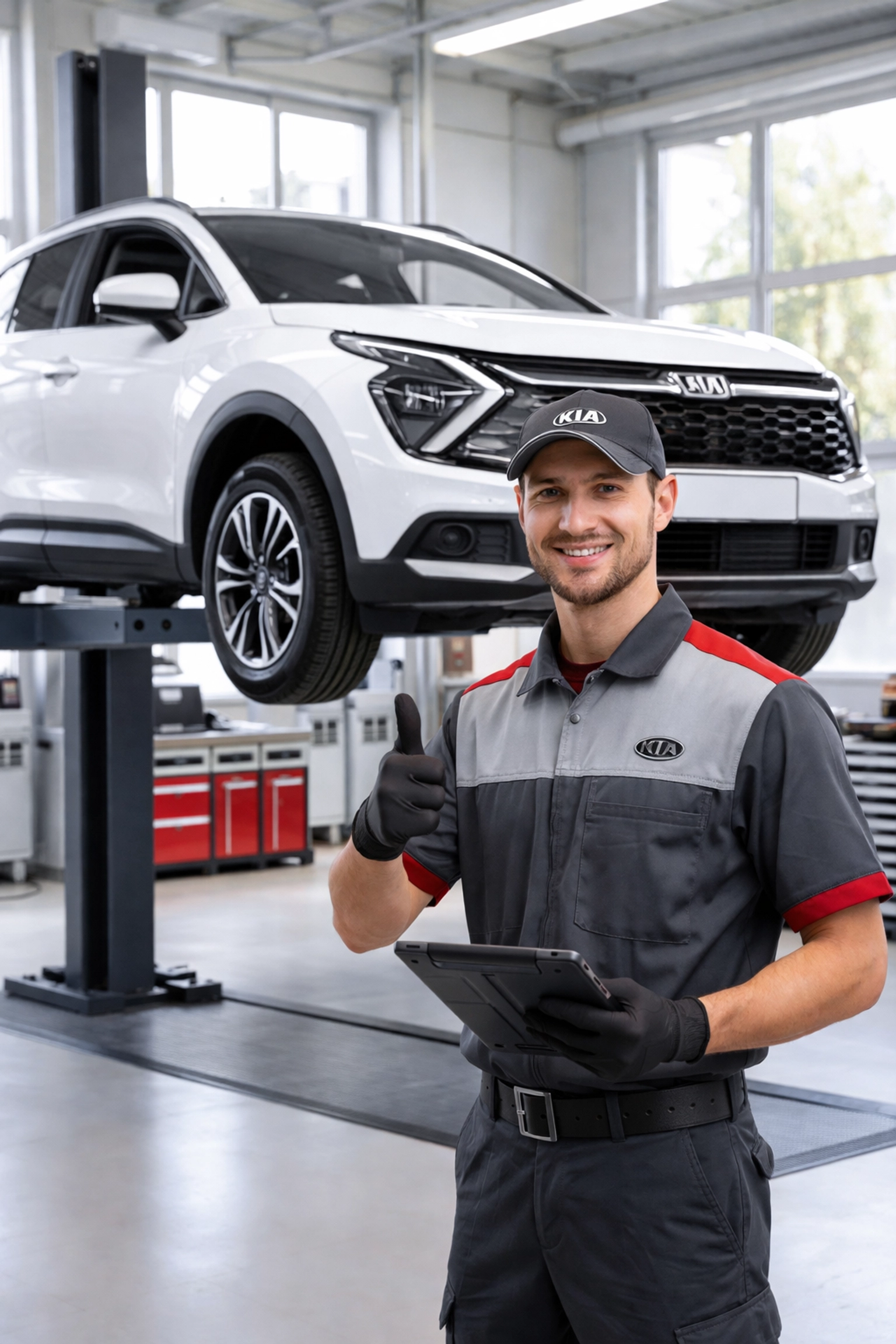 Kia service technician gives a thumbs up in Roseville Kia's modern service bay, serving Folsom and Elk Grove owners