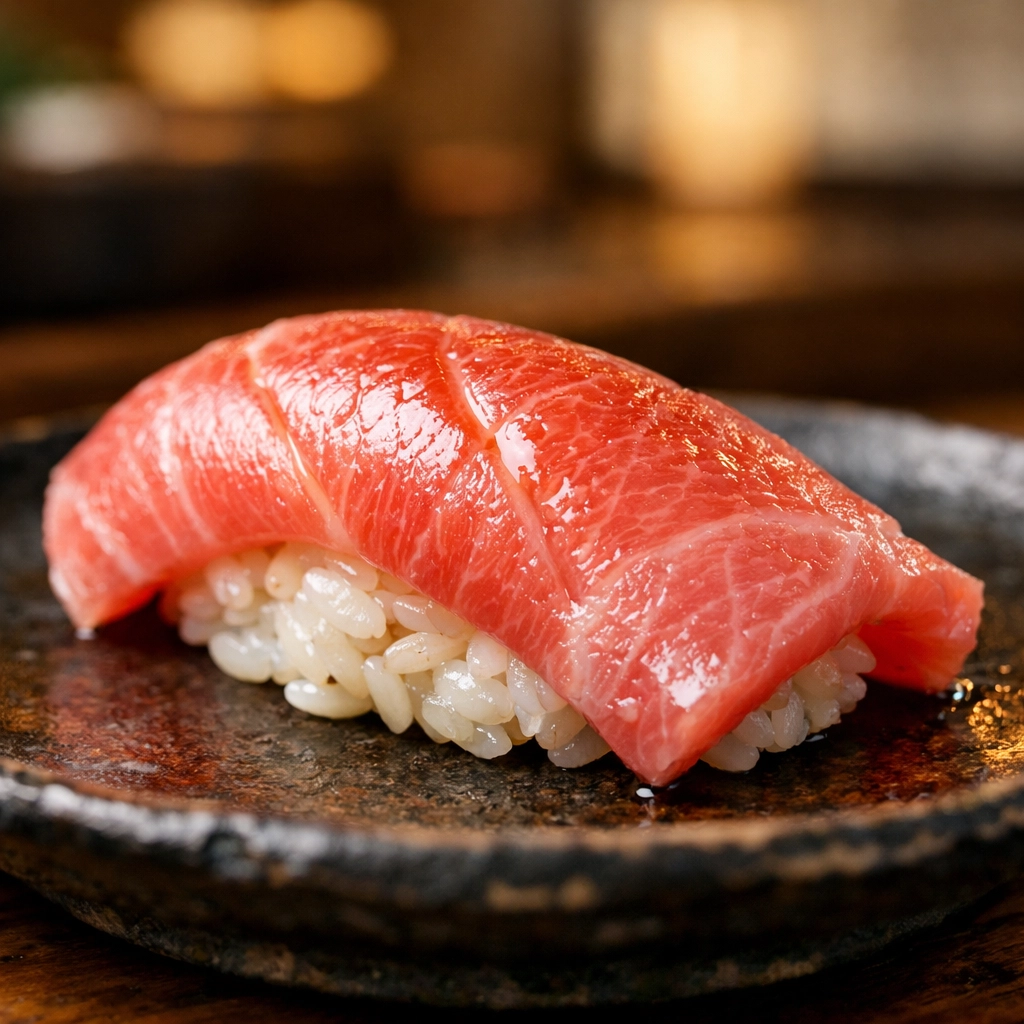 Fresh fatty tuna nigiri sushi at a luxury Ginza sushi counter, a top Tokyo food spot.