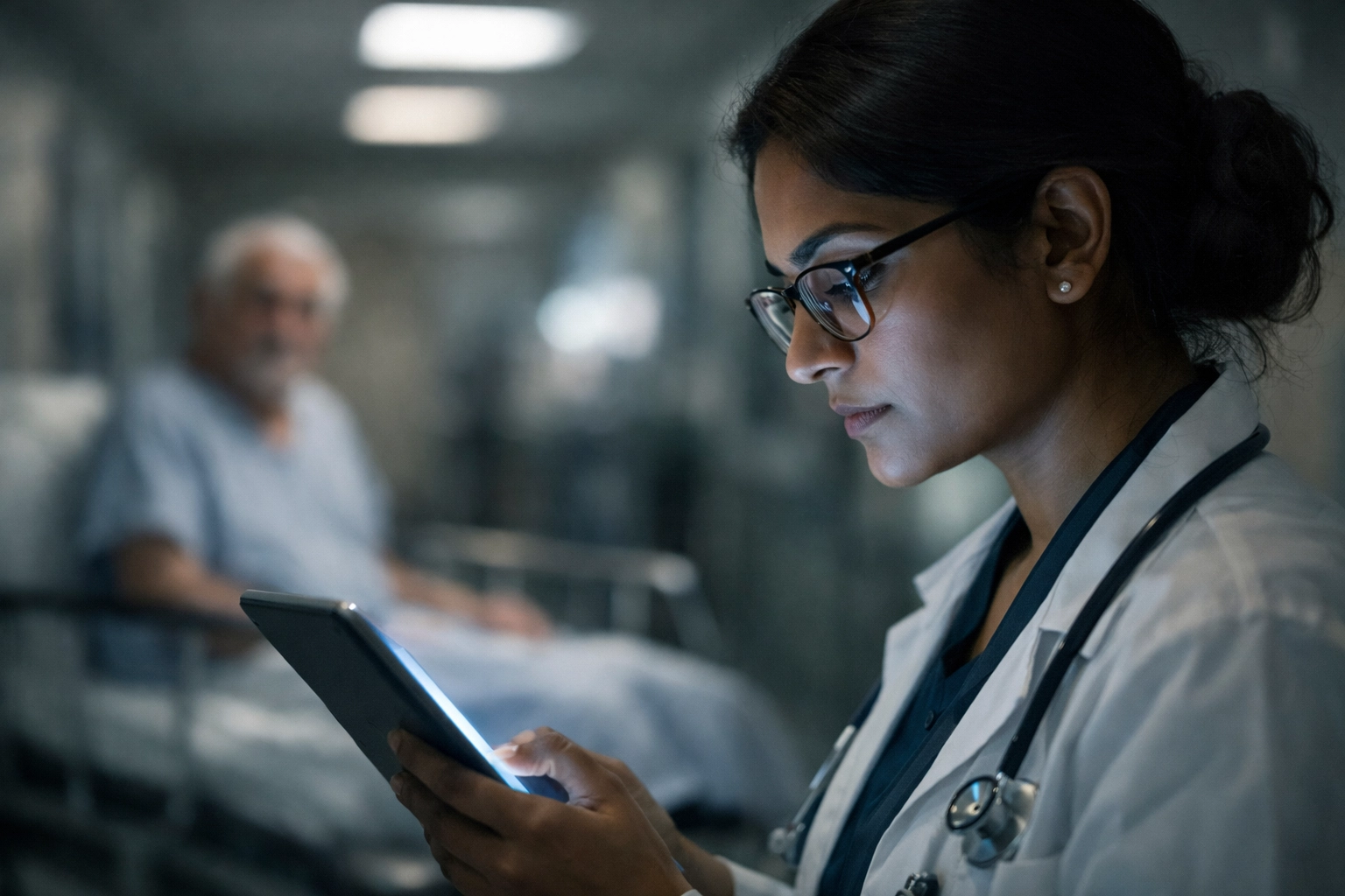 Doctor analyzing data on a tablet instead of the patient, showing healthcare AI implementation and clinical disconnect.