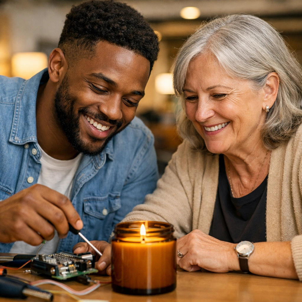 Coworkers bonding over a DIY candle making project during a DMV team building event.