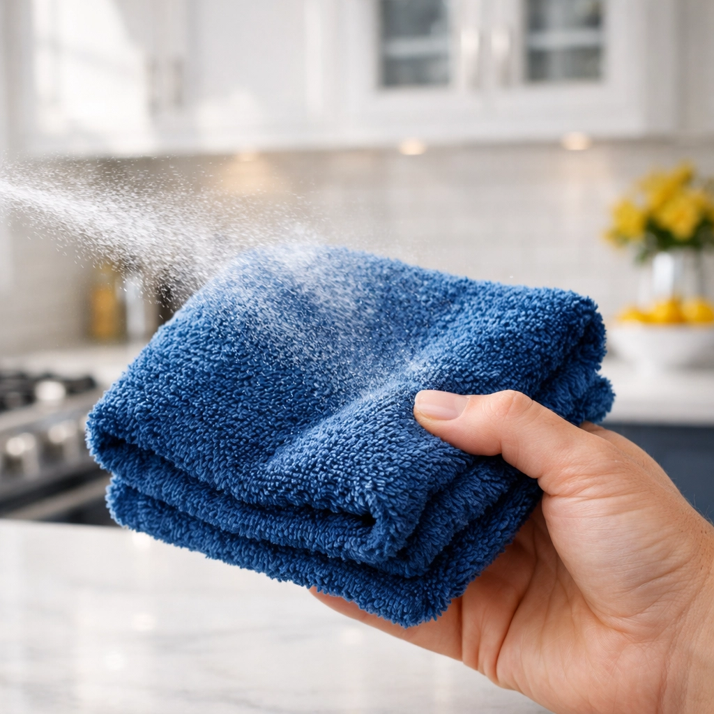 Professional microfiber cloth technique for streak-free deep cleaning Worcester kitchen surfaces.
