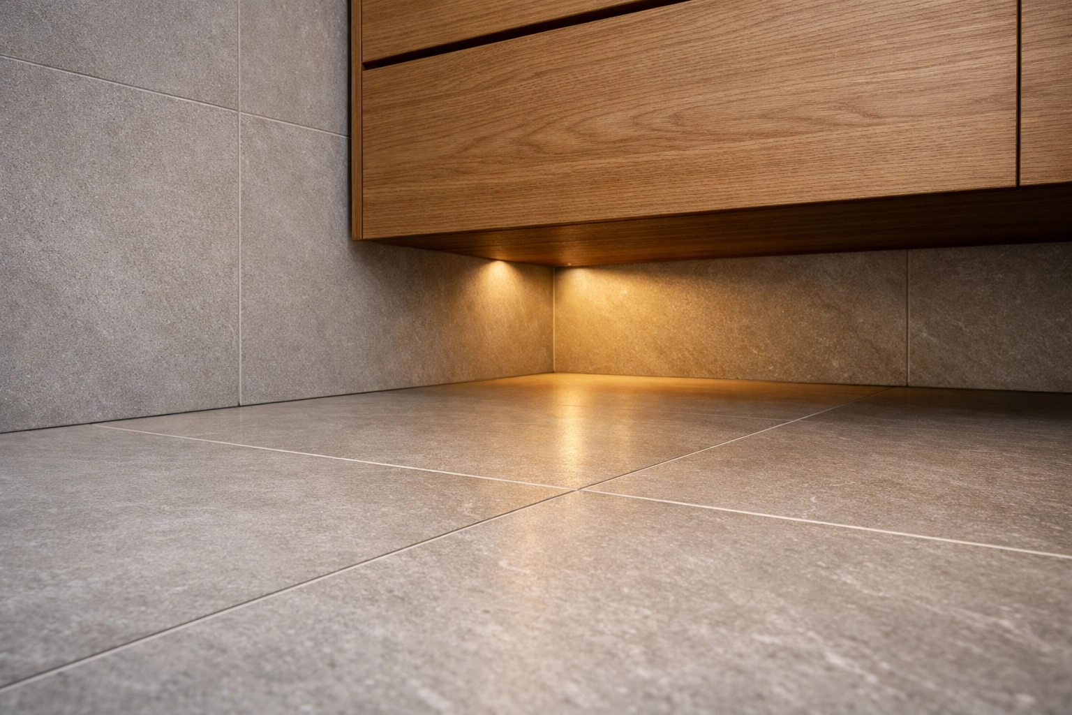 Floating oak vanity unit over large-format grey tiles in a contemporary West Sussex wet room.