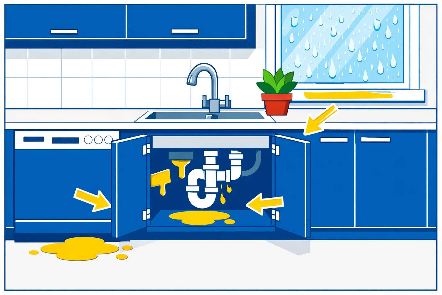 Kitchen moisture problem areas showing sink plumbing, dishwasher, and window condensation