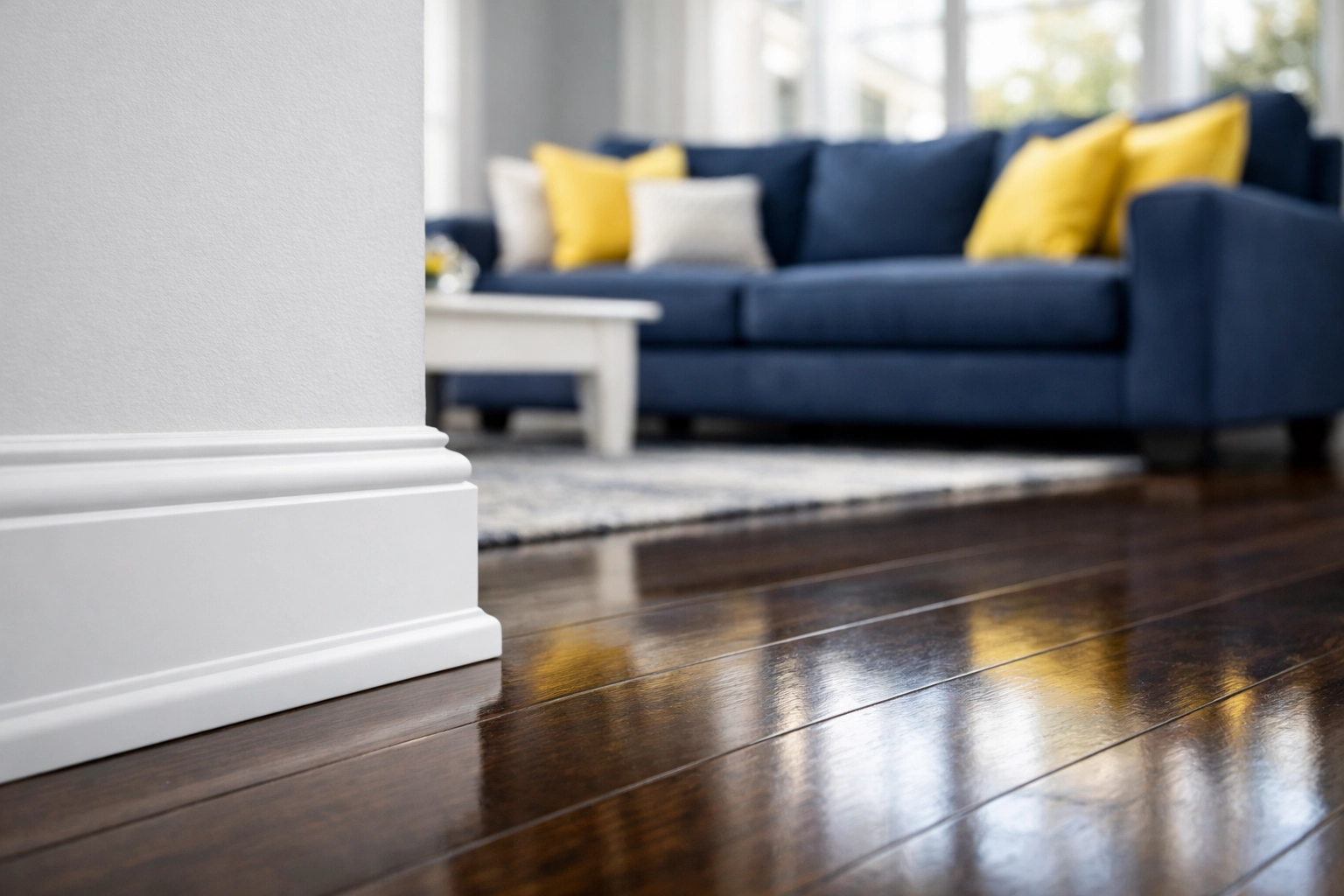 A deep-cleaned modern living room in Medway with pristine white baseboards and polished hardwood floors.