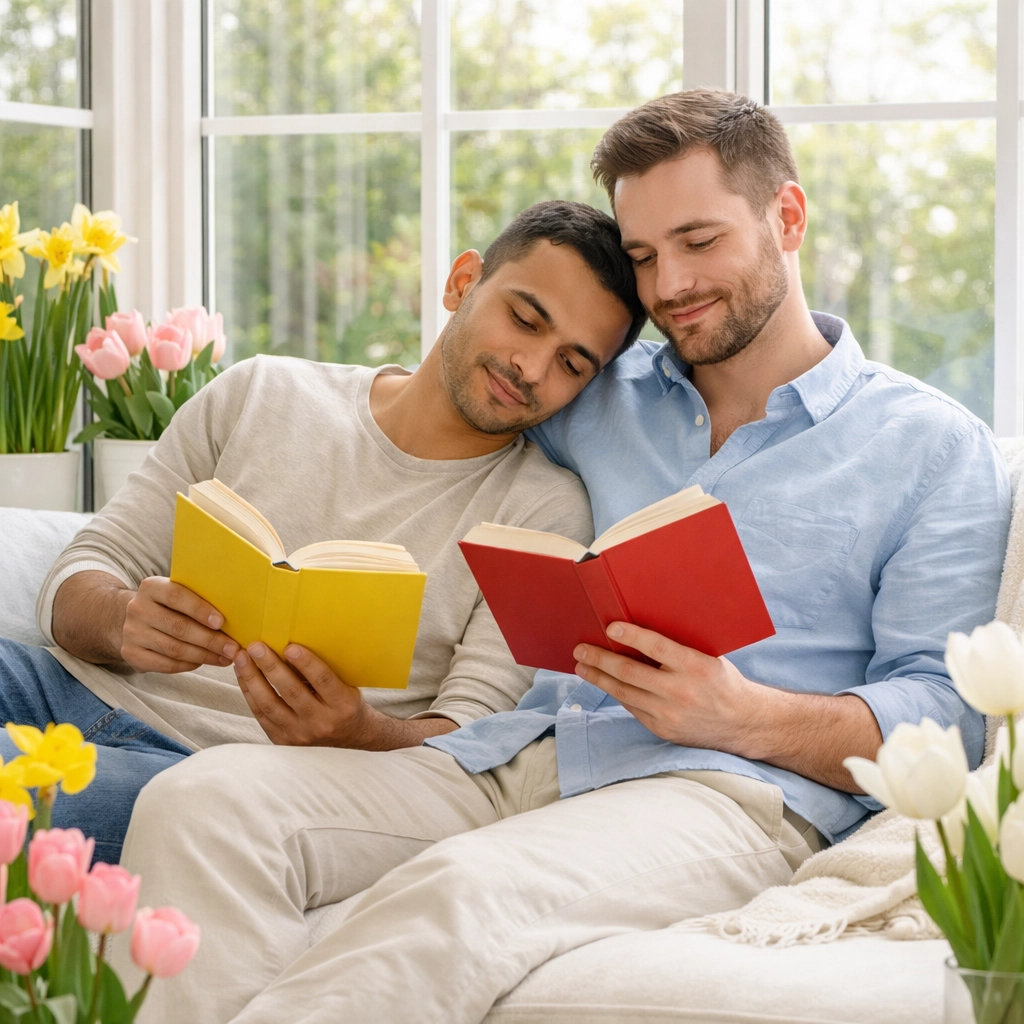 A gay couple reading MM romance books in a bright spring sunroom filled with flowers.