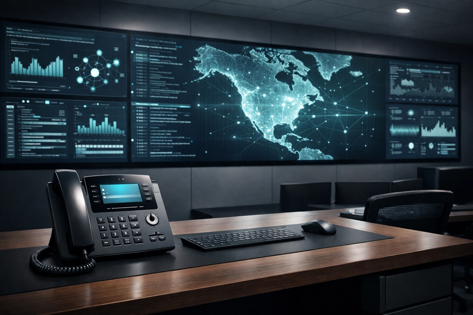 Modern VoIP desk phone in a high-tech office highlighting secure business communication and data privacy.