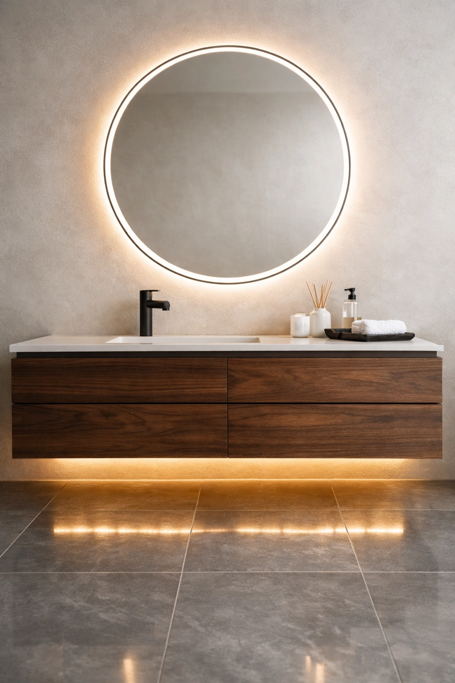 Luxury bathroom remodel in Phoenix featuring custom LED vanity lighting and architectural accents.