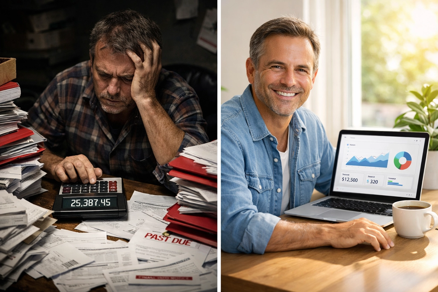 Merchant comparing traditional payment complexity versus Larecoin's simplified transparent fee structure