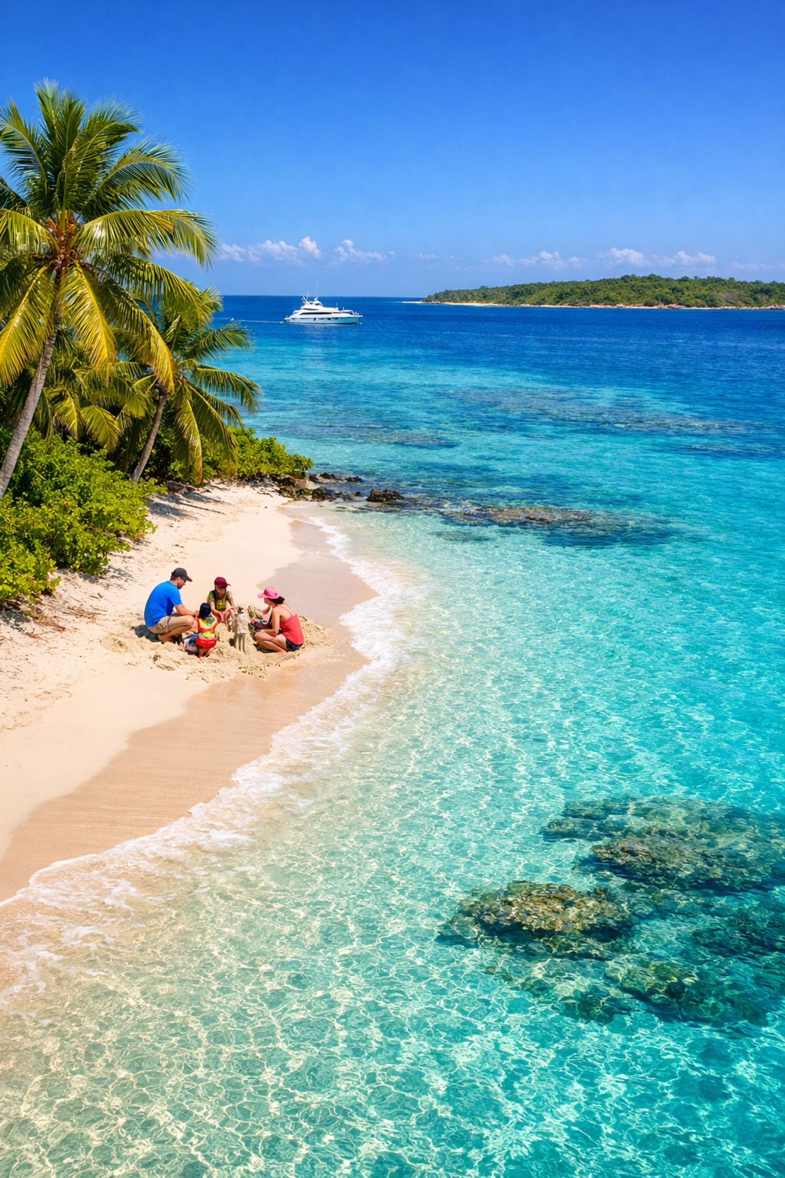 Family relaxing on a tropical private island beach during a cruise vacation