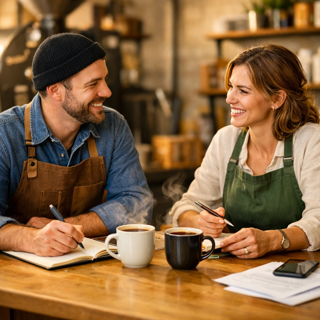 A café owner and coffee supplier discussing a wholesale partnership over fresh cups of specialty coffee.