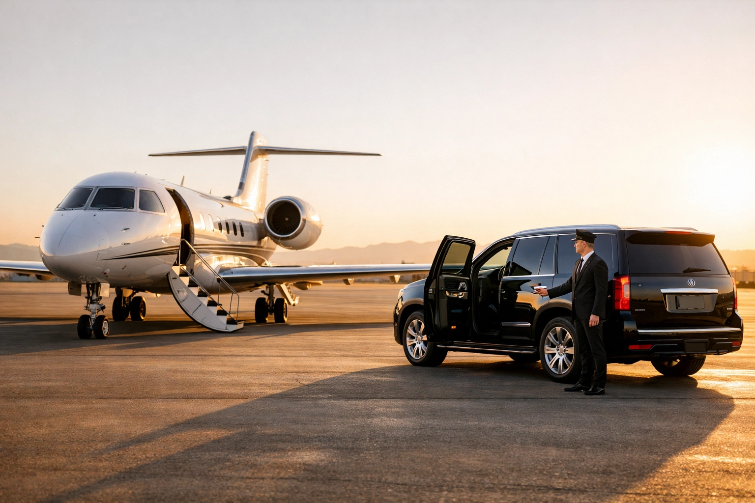 Luxury executive transportation featuring a private jet and black SUV for elite airport transfers.