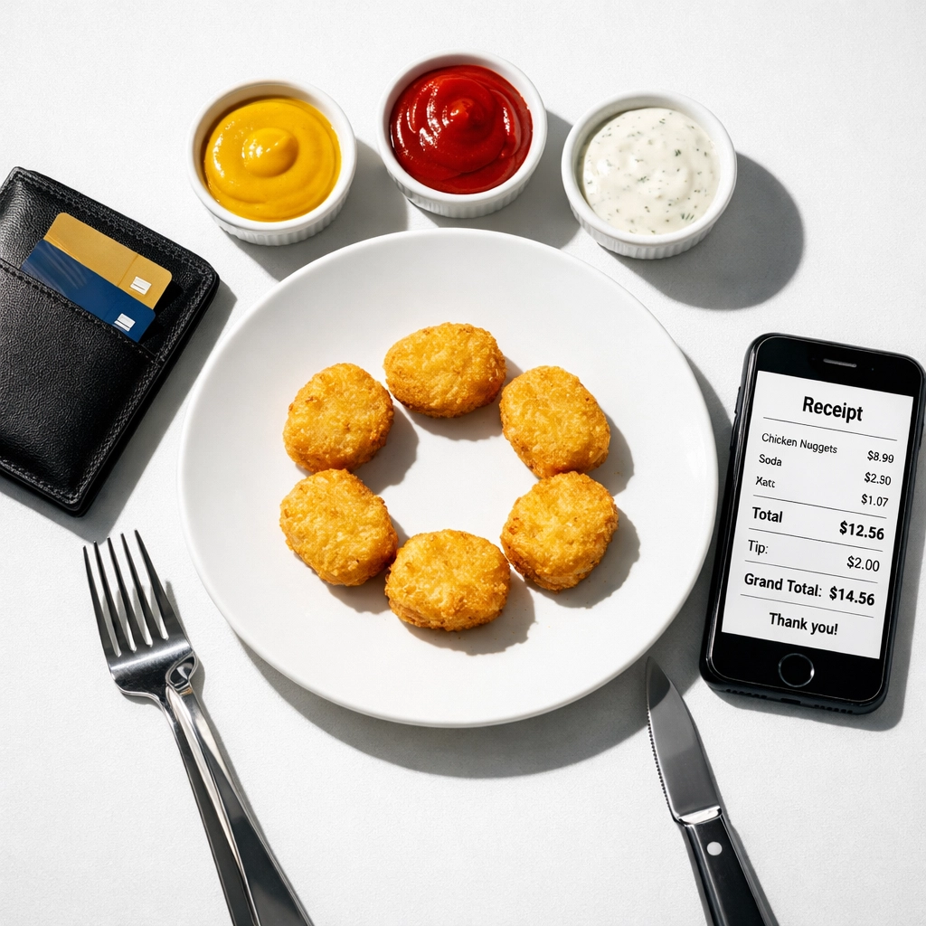Chicken nuggets with dipping sauces next to wallet and restaurant bill showing value dining trend