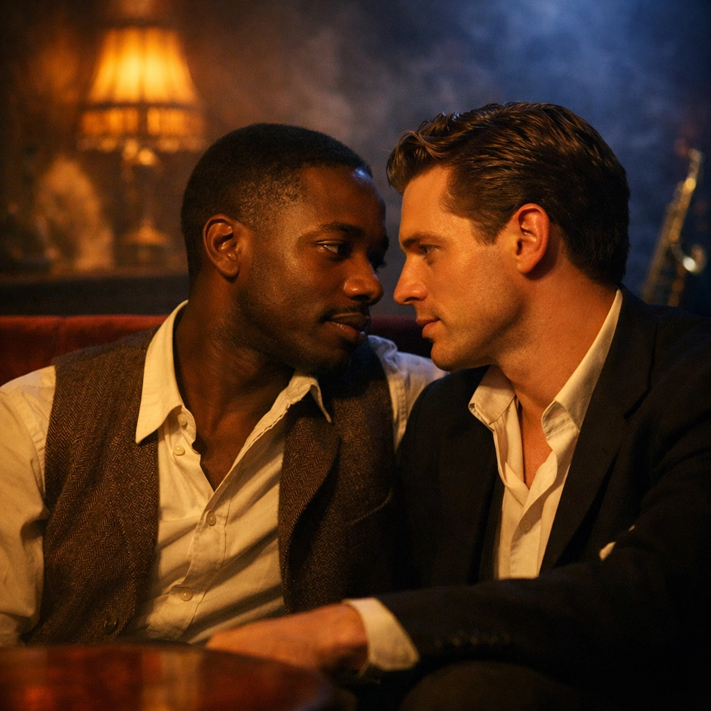 Black and white men sharing an intimate conversation in a 1950s jazz club, evocative of MM romance.