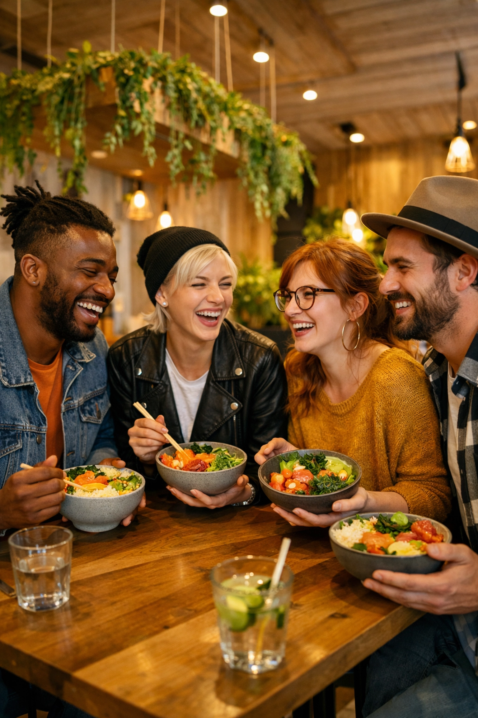 Groupe d'amis partageant un repas sain et convivial dans un restaurant de poke bowls moderne.
