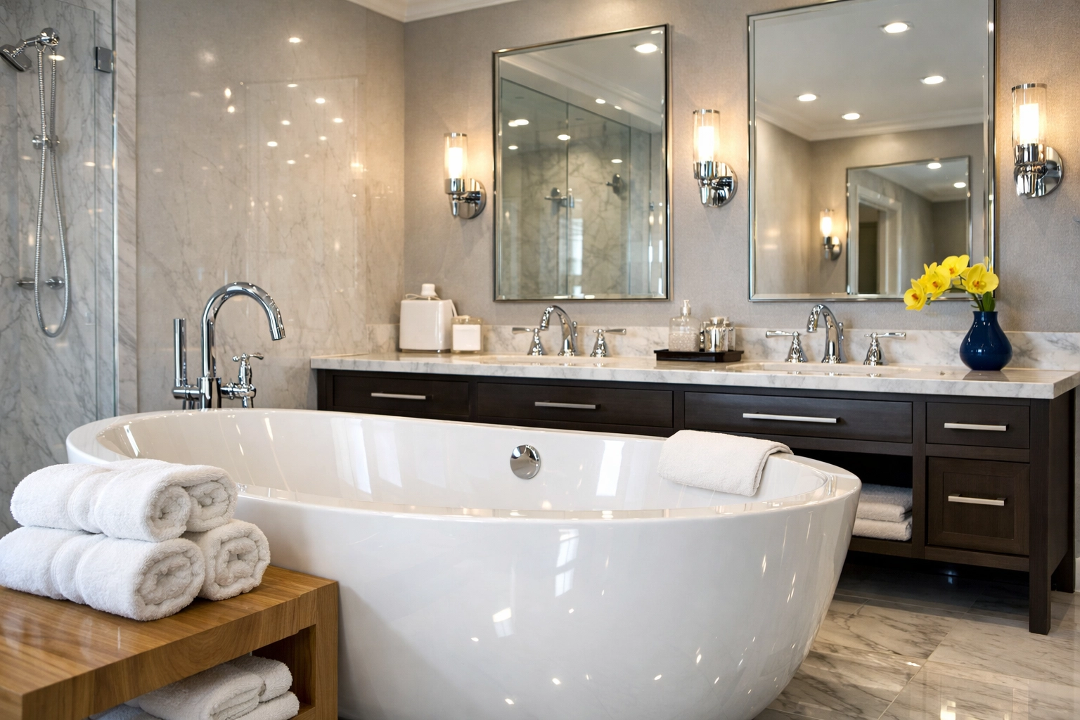 Deep house cleaning Andover results in a sparkling luxury bathroom with chrome fixtures.