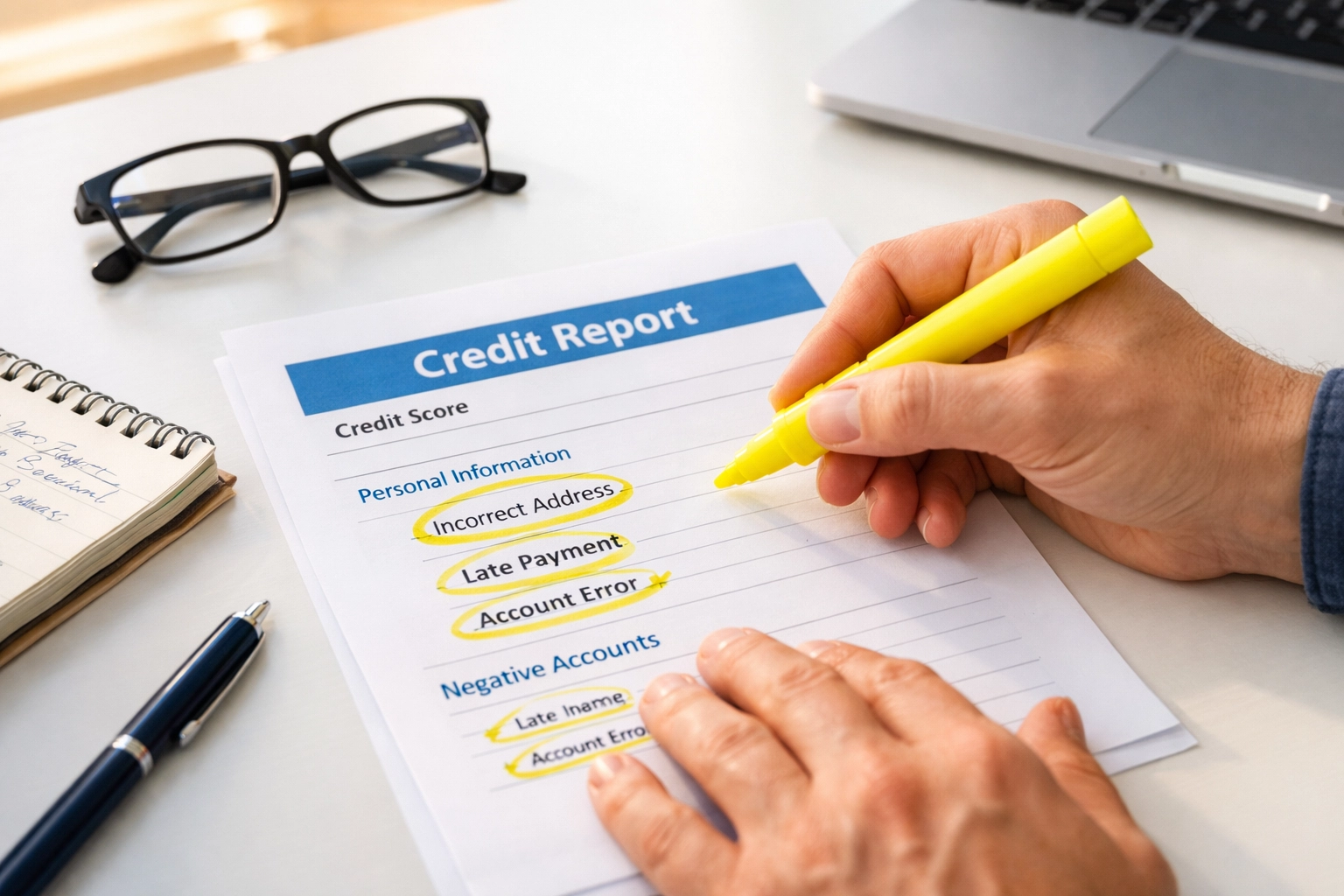 Highlighting errors on credit report document with notepad for dispute preparation
