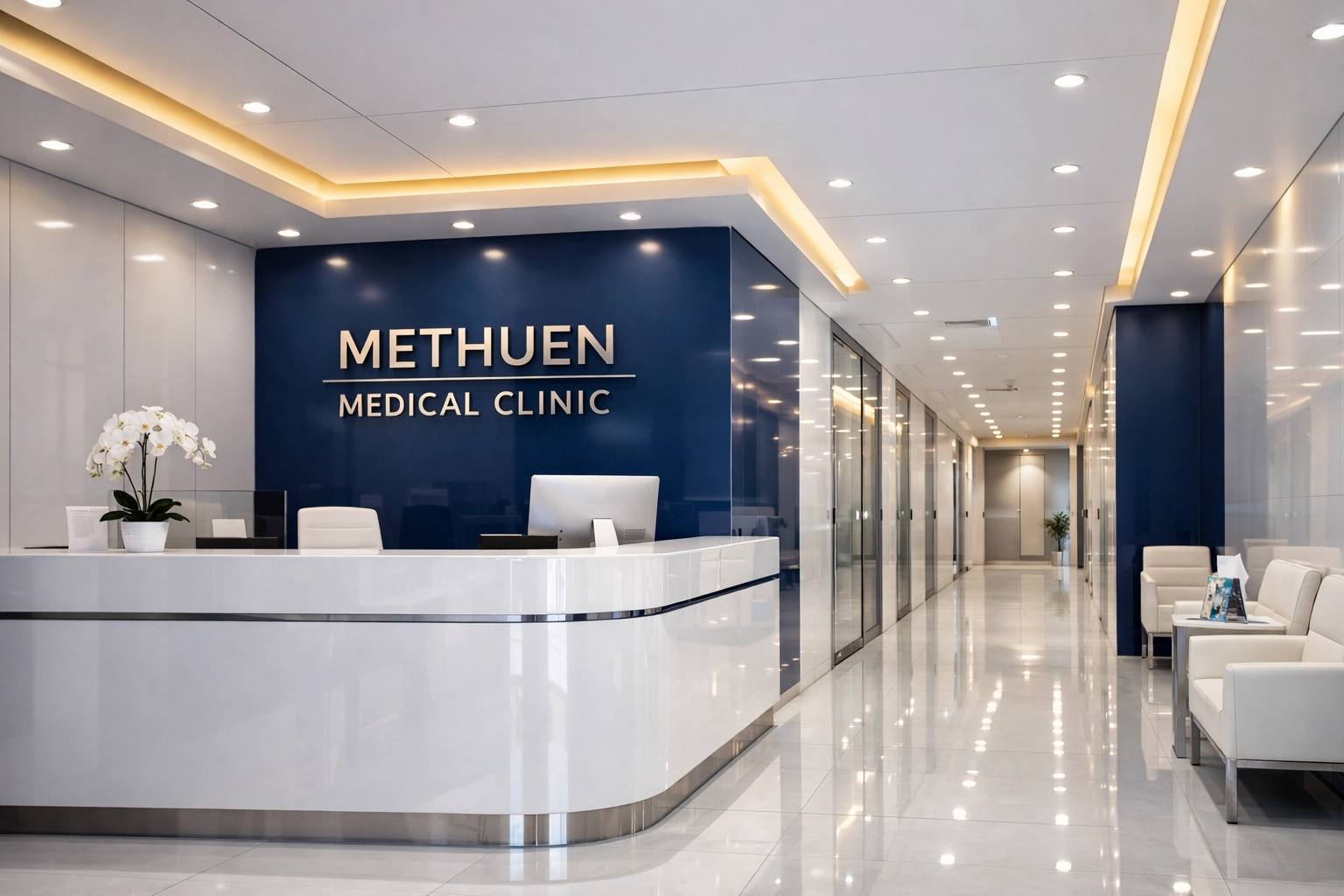 Sterile medical facility reception area in Methuen after specialized post-construction cleaning.