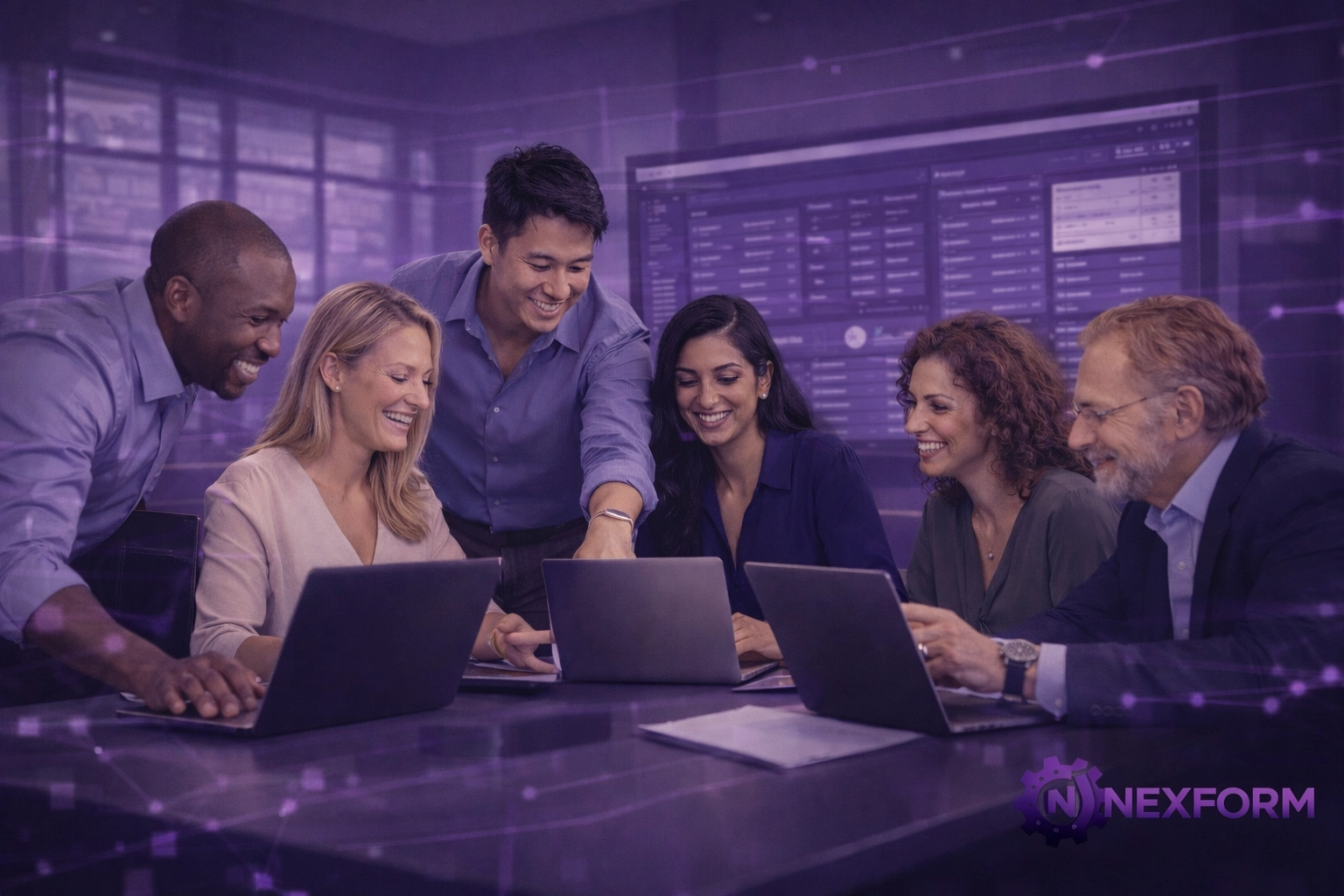 Estate agency team collaborating in a modern office with digital AI infrastructure data streams.